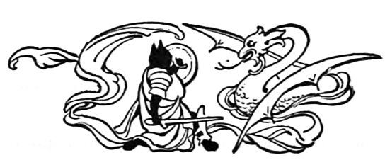 a black and white illustration of a dragon and an anthropomorphic black cat wearing long flowing robes and holding a shield and sword. the cat is facing away and holding their shield up and their sword to the side in a fighting stance towards the dragon.