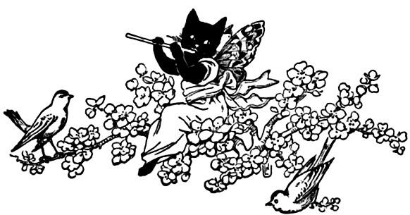 a black and white illustration of an anthropomorphic black cat with butterfly wings and flowing robes playing the flute. they are sitting on a branch with flowers all over it and two birds perched on it.