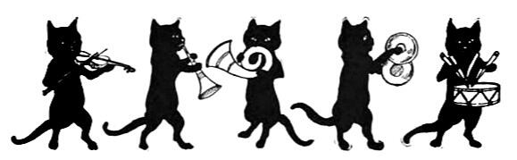 a black and white illustration of 5 anthropomorphic black cats in a line. the first one is playing a fiddle, the second is playing some kind of woodwind, the third is playing a type of horn, the fourth is playing cymbals, and the fifth is playing a drum